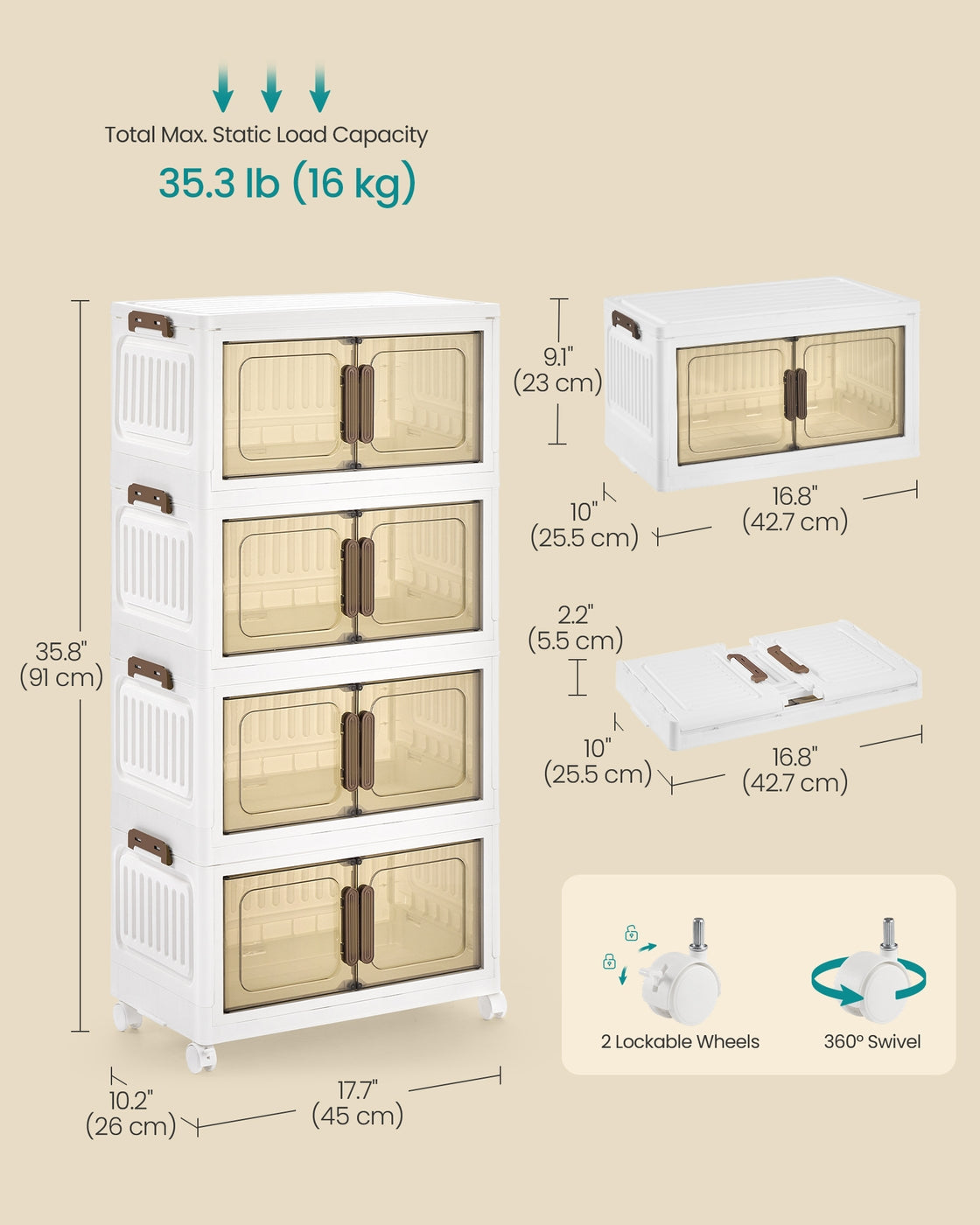 4-Tier 100L Stackable Storage Box with Wheels & Magnetic Doors - image 6