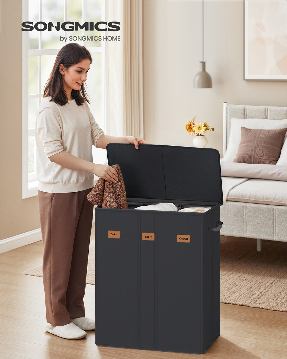 Laundry basket with three compartments lid washable liner and labels - image 2