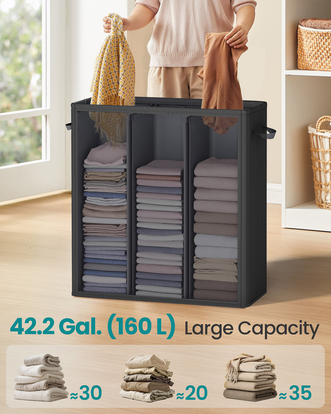 Laundry basket with three compartments lid washable liner and labels - image 3
