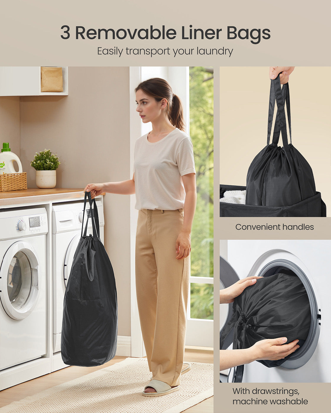 Laundry basket with three compartments lid washable liner and labels - image 5