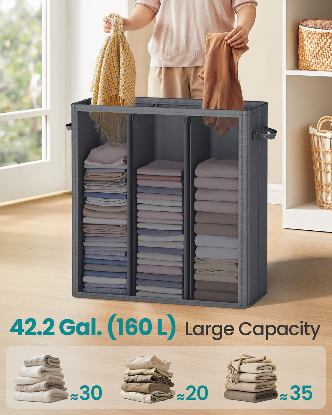 Laundry basket with three compartments lid washable liner and labels - image 9