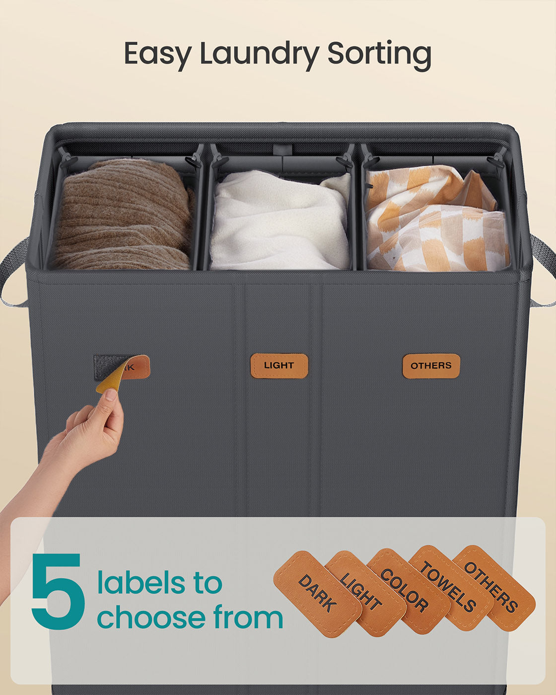 Laundry basket with three compartments lid washable liner and labels - image 10