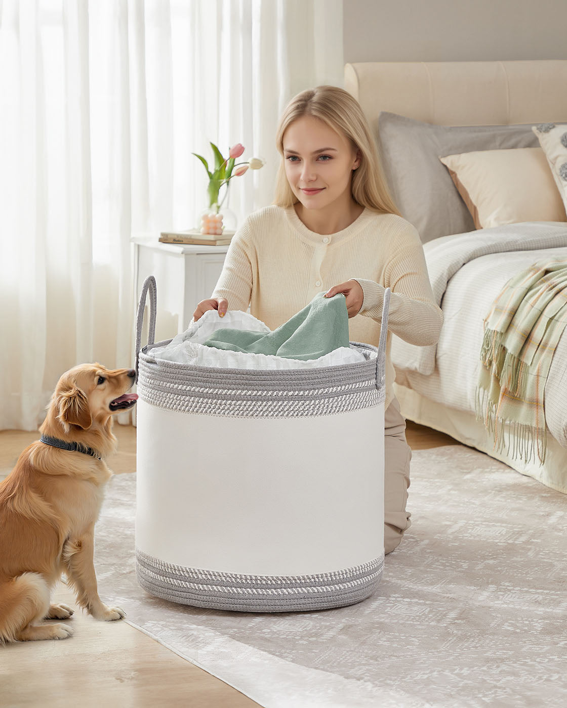 Laundry Hamper 90 L with Lid Handles Drawstring Dove Grey - image 2