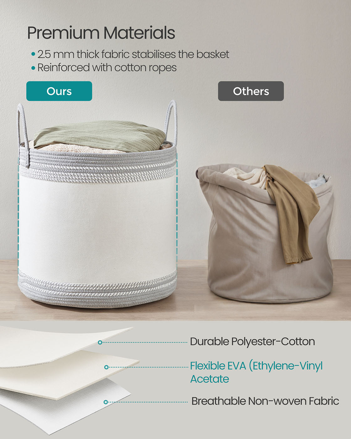 Laundry Hamper 60 L with Lid Handles Drawstring Camel Brown - image 15