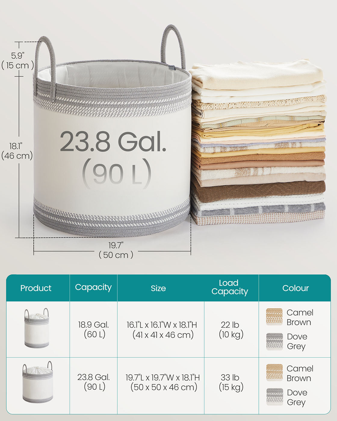 Laundry Hamper 60 L with Lid Handles Drawstring Camel Brown - image 17