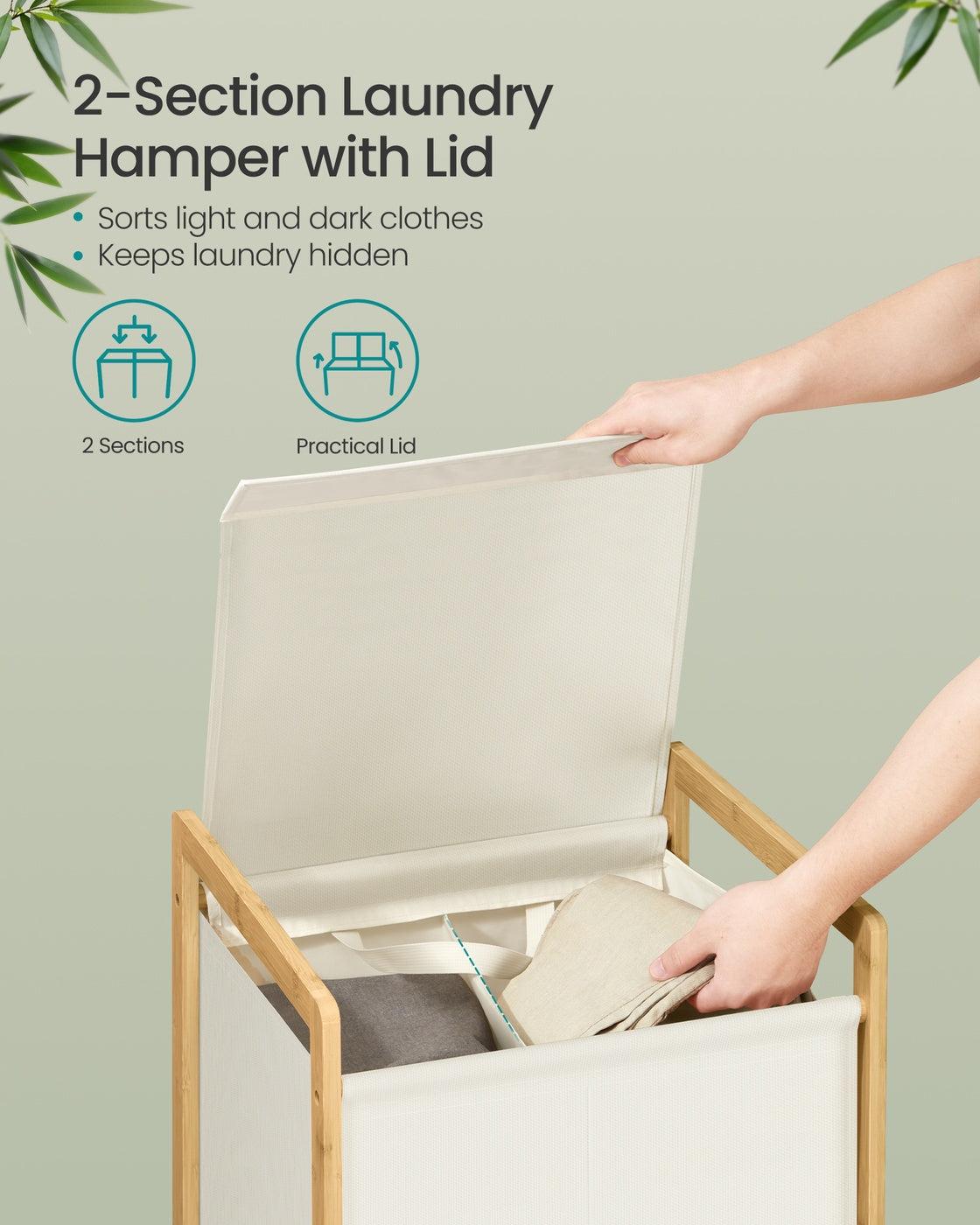 2-Compartment Laundry Basket Dirty Laundry Hamper 100 L,Cream White - image 3