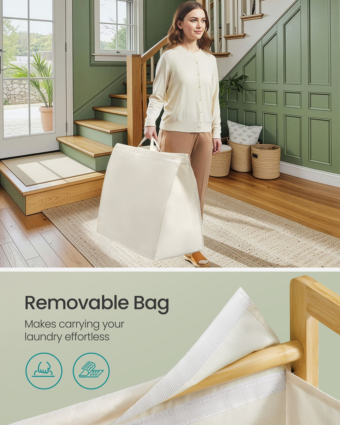 2-Compartment Laundry Basket Dirty Laundry Hamper 100 L,Cream White - image 14