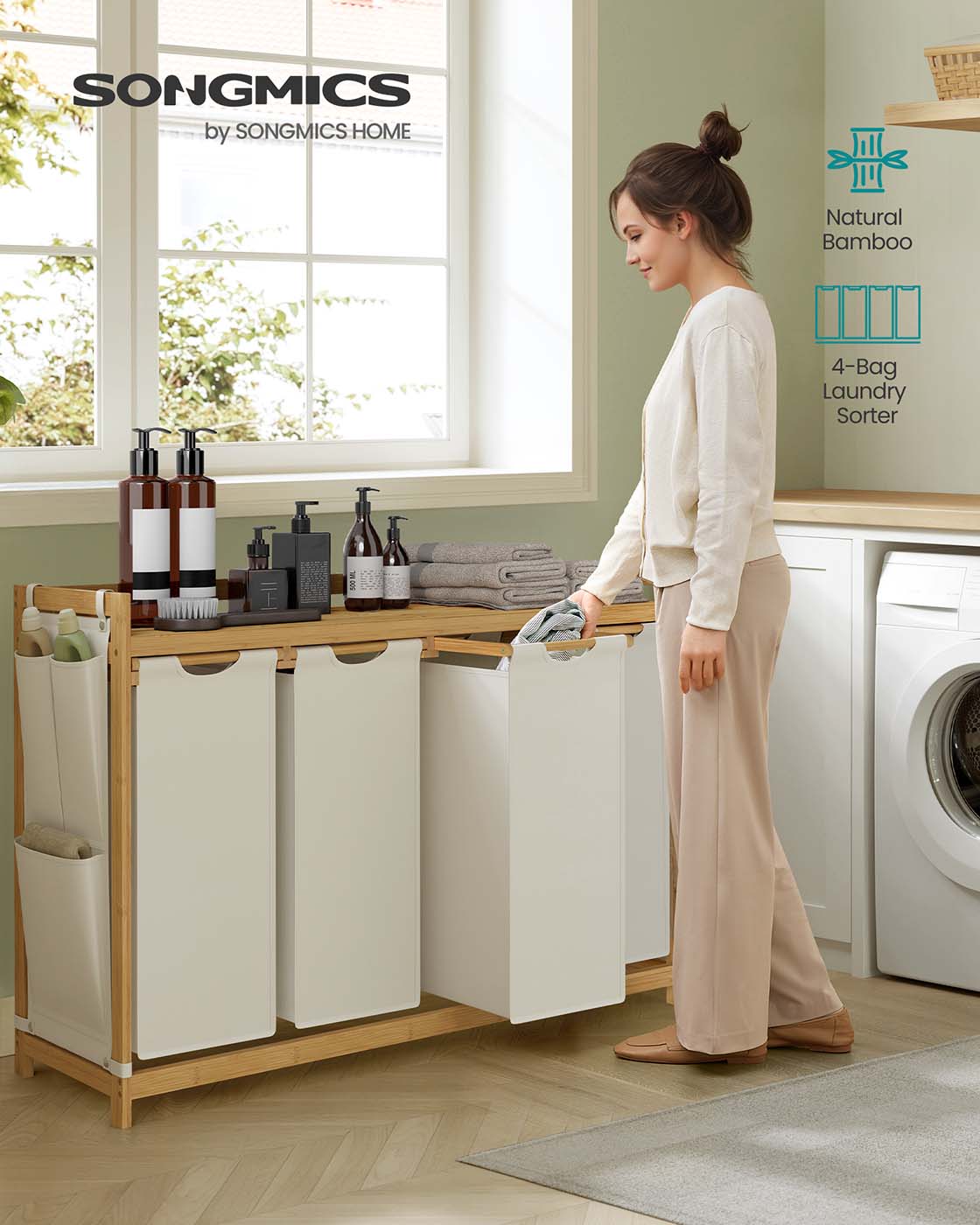 3-Compartment Laundry Basket, 150L with Shelf & Pockets, Dove Grey - image 9