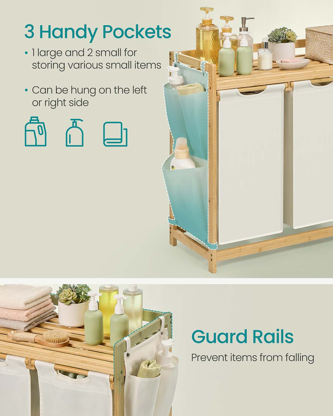 3-Compartment Laundry Basket, 150L with Shelf & Pockets, Dove Grey - image 11