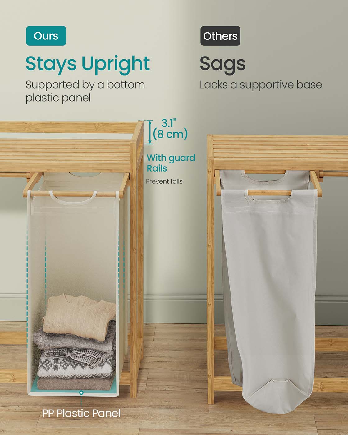 3-Compartment Laundry Basket, 150L with Shelf & Pockets, Dove Grey - image 12