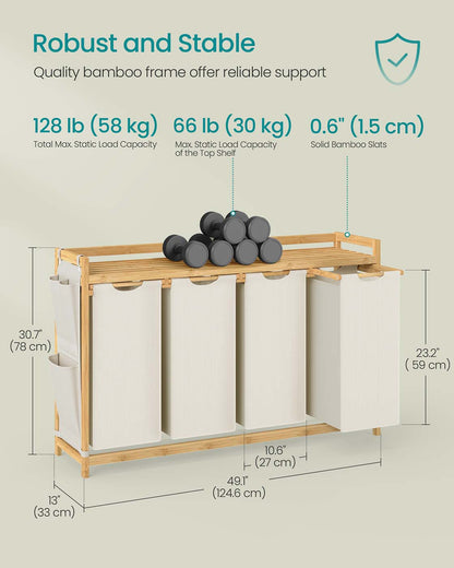 3-Compartment Laundry Basket, 150L with Shelf & Pockets, Dove Grey - image 13