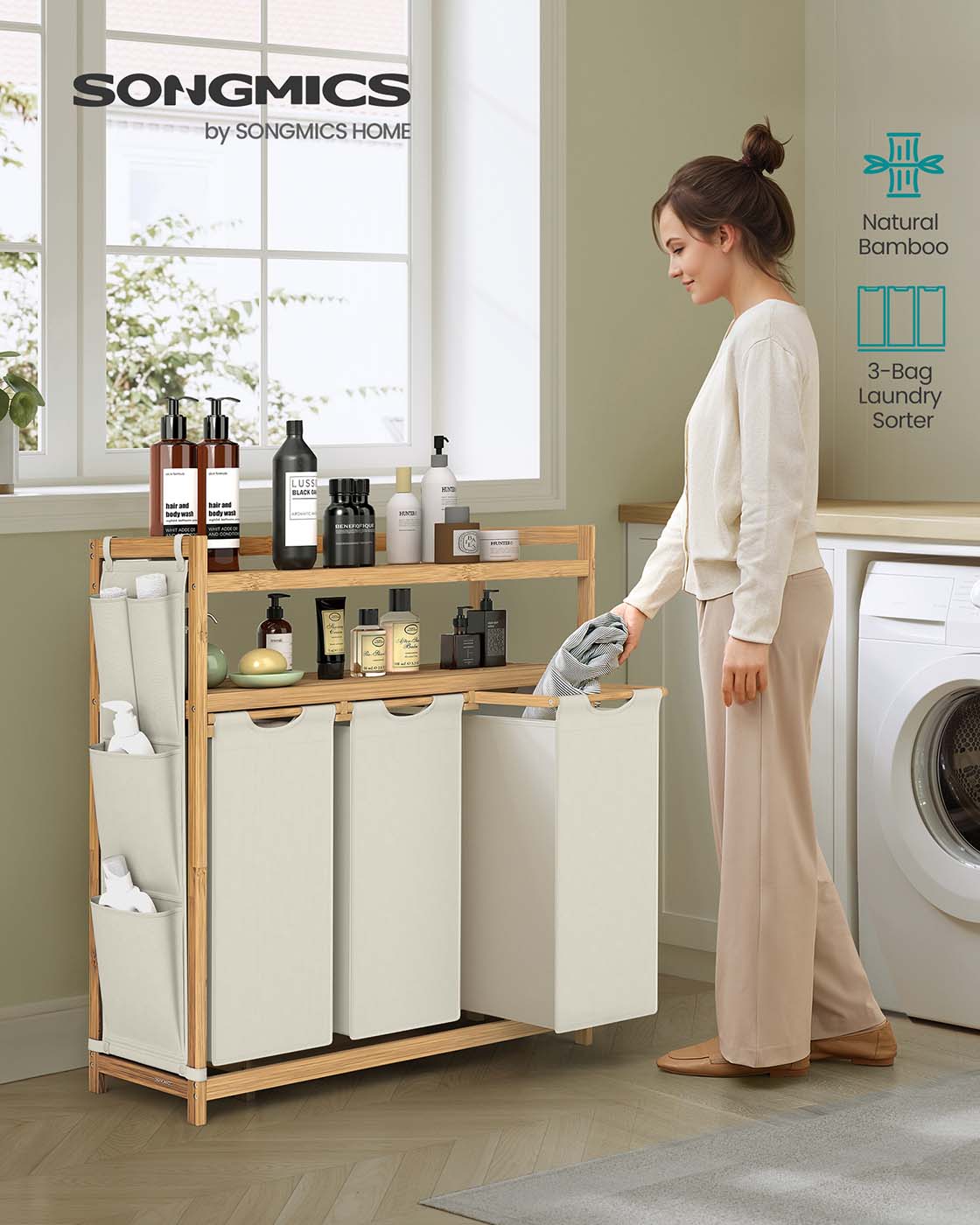 Laundry hamper with multiple compartments shelf and side pockets - image 10