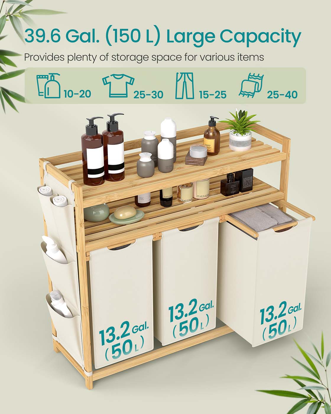Laundry hamper with multiple compartments shelf and side pockets - image 11