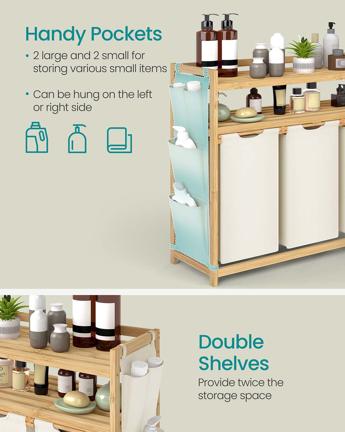 Laundry hamper with multiple compartments shelf and side pockets - image 12