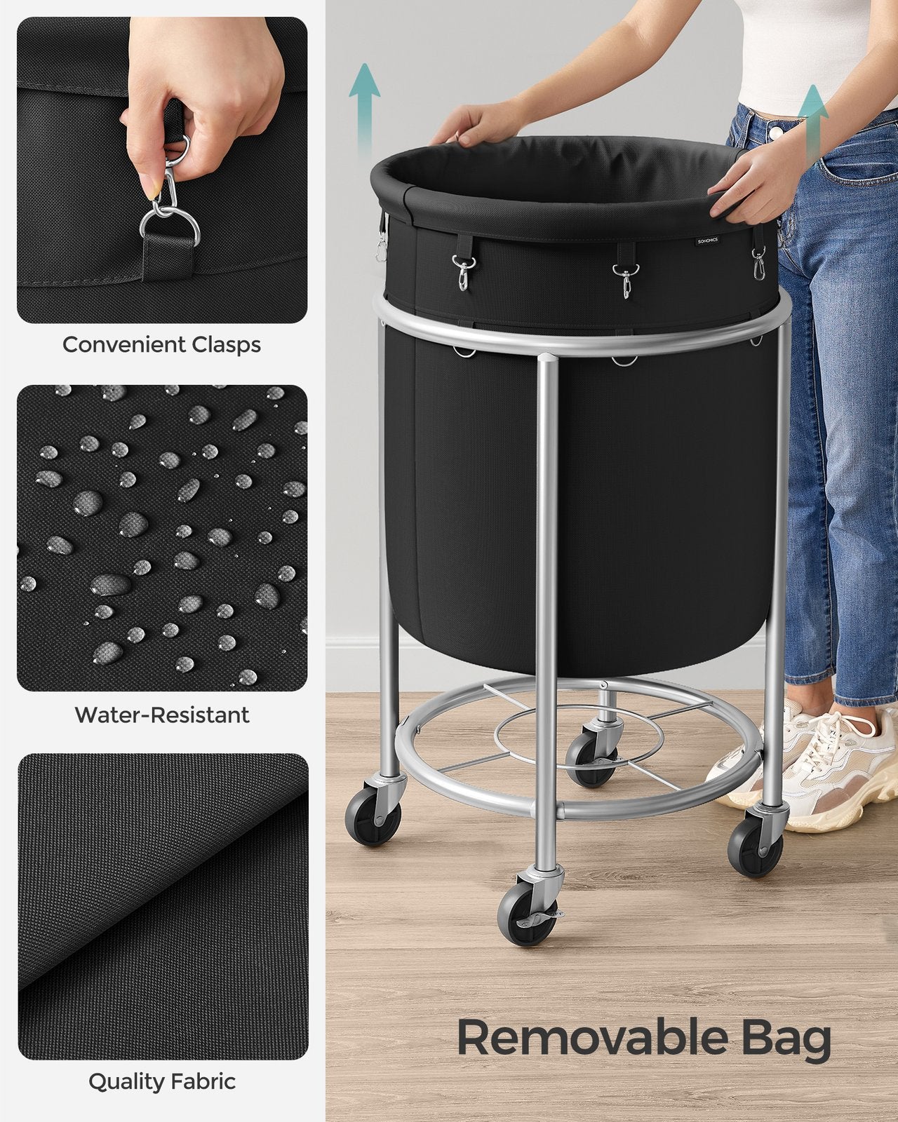 Round Laundry Hamper with Steel Frame and Removable Bag - image 5