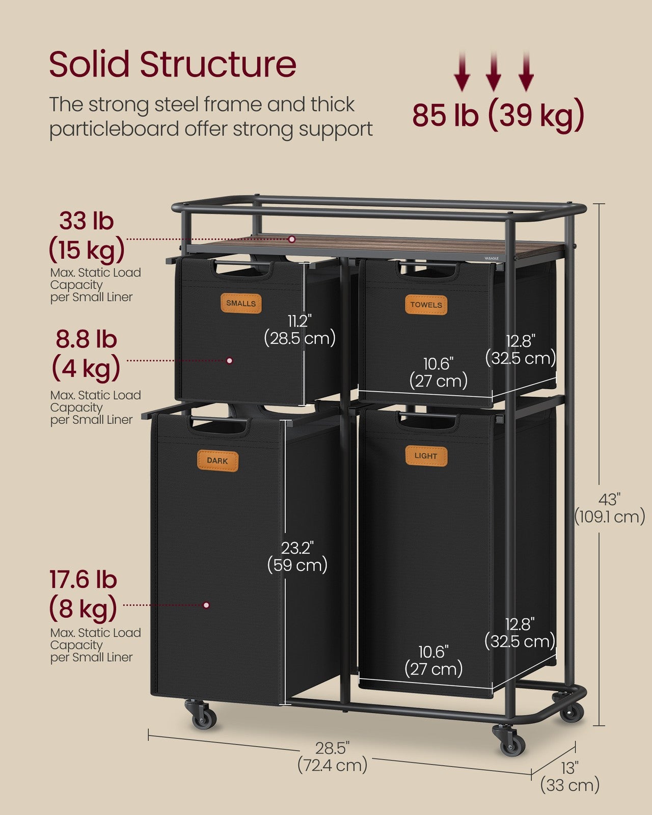 150 L Rolling Laundry Hamper Ink Black and Chestnut Brown - image 5