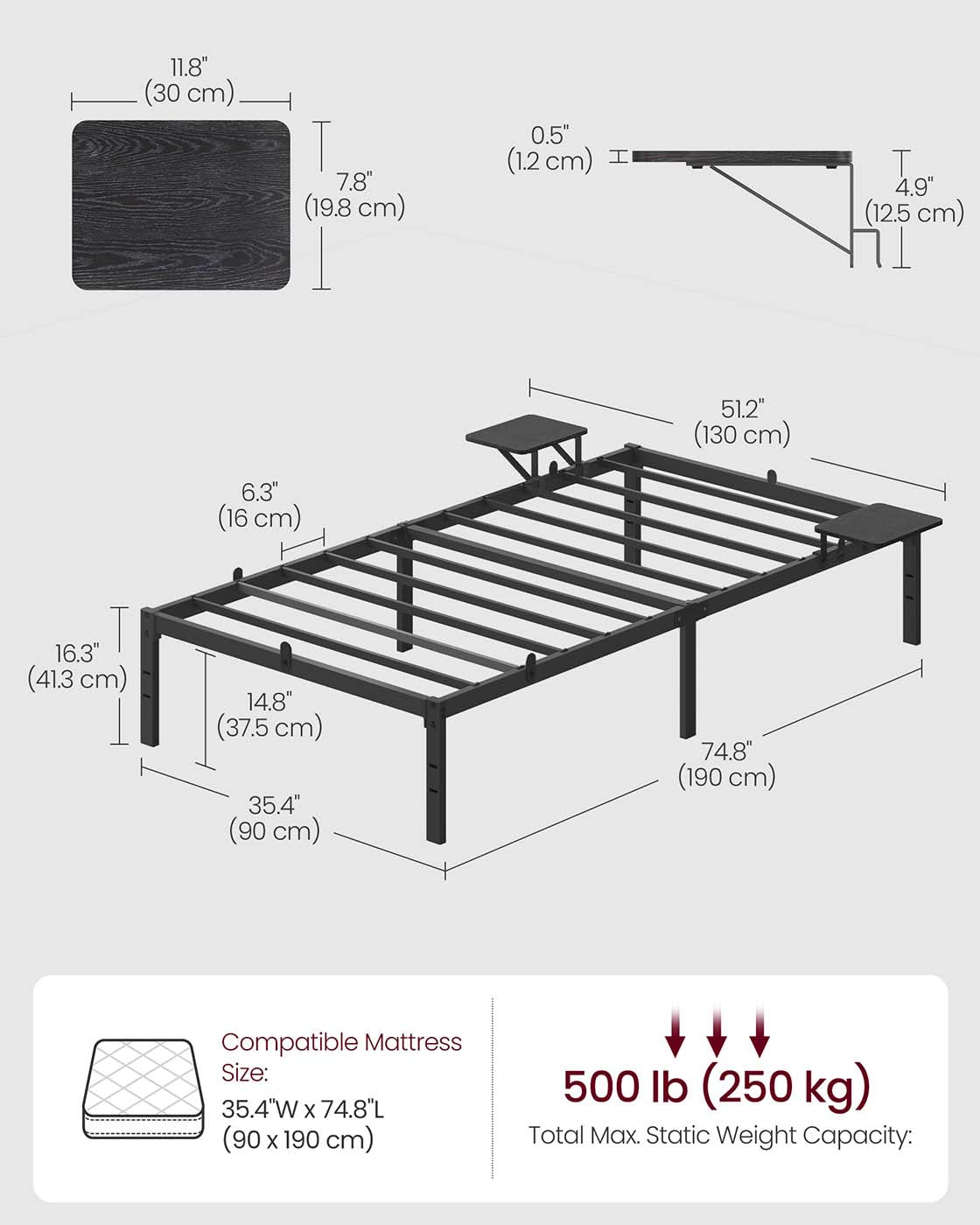 Single Bed Frame for 90 x 190 cm Mattresses Ink Black - image 6