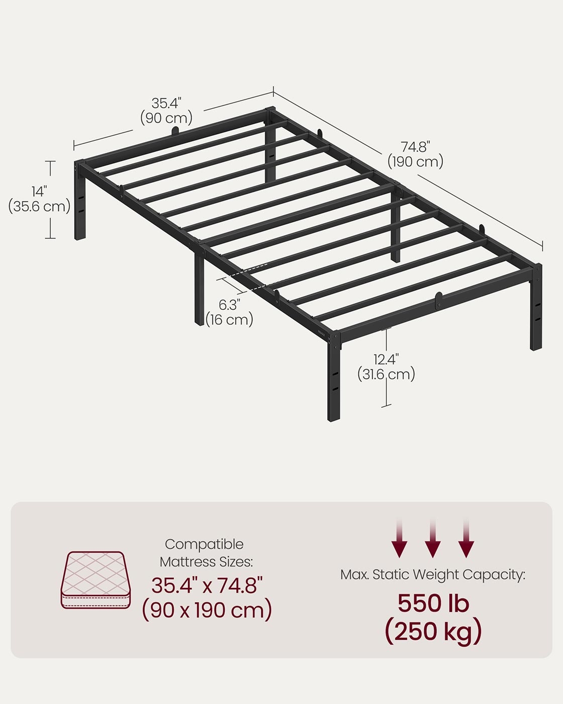 Single Metal Bed Frame 90 x 190 cm Easy Assembly Ink Black - image 6