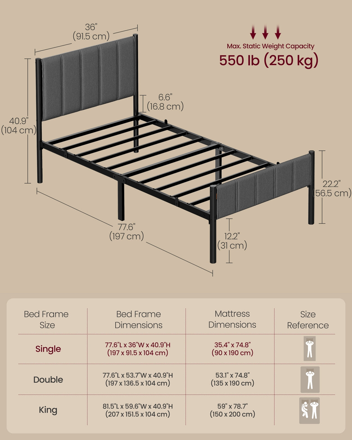 Single Bed Frame 90 x 190 cm 250 kg Weight Capacity Slate Grey - image 6