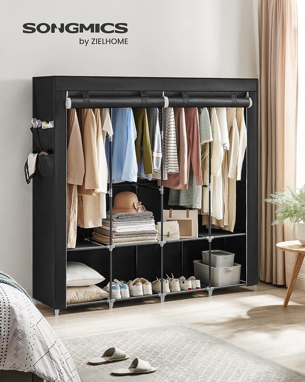 Clothes Wardrobe, Portable Closet, Garment Organiser Rack with 4 Hanging Rails, Shelves, 4 Side Pockets - image 11