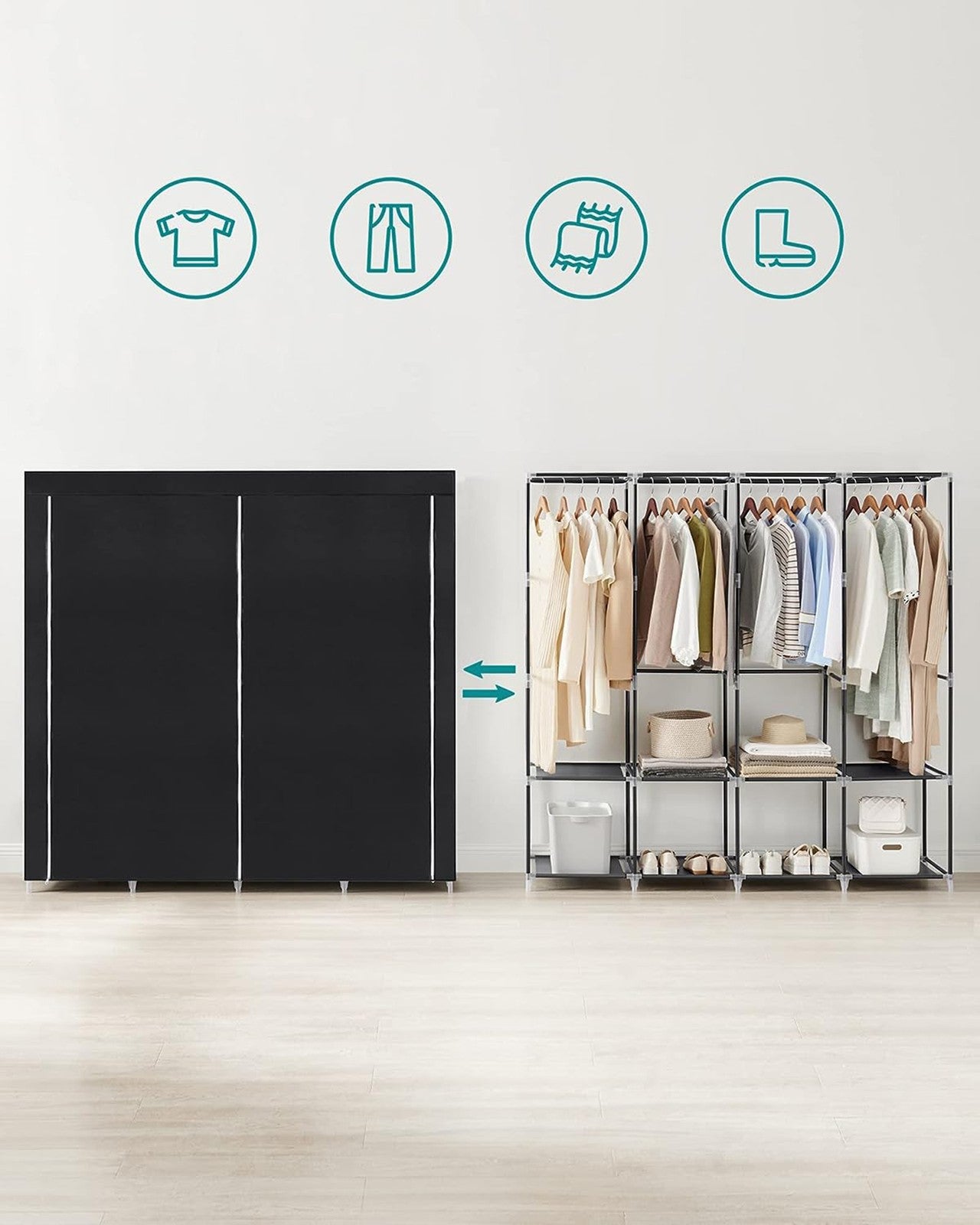 Clothes Wardrobe, Portable Closet, Garment Organiser Rack with 4 Hanging Rails, Shelves, 4 Side Pockets - image 12