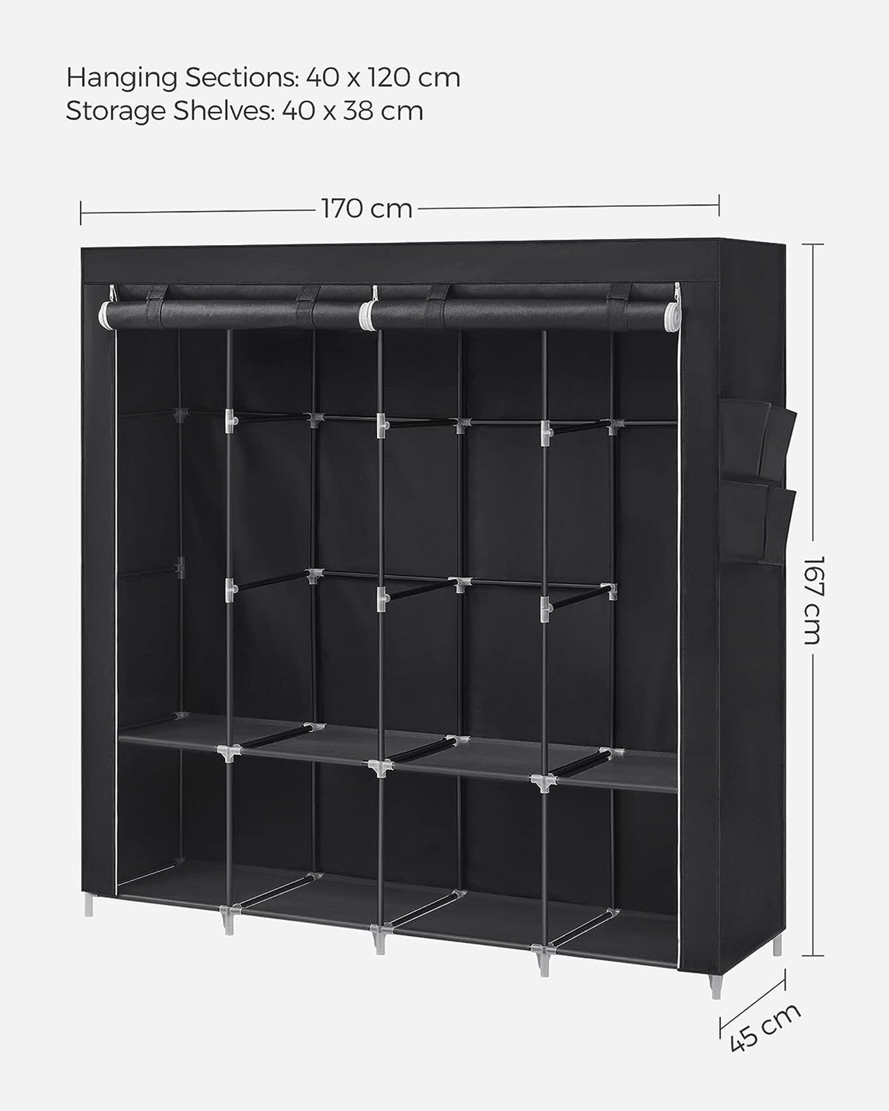 Clothes Wardrobe, Portable Closet, Garment Organiser Rack with 4 Hanging Rails, Shelves, 4 Side Pockets - image 13