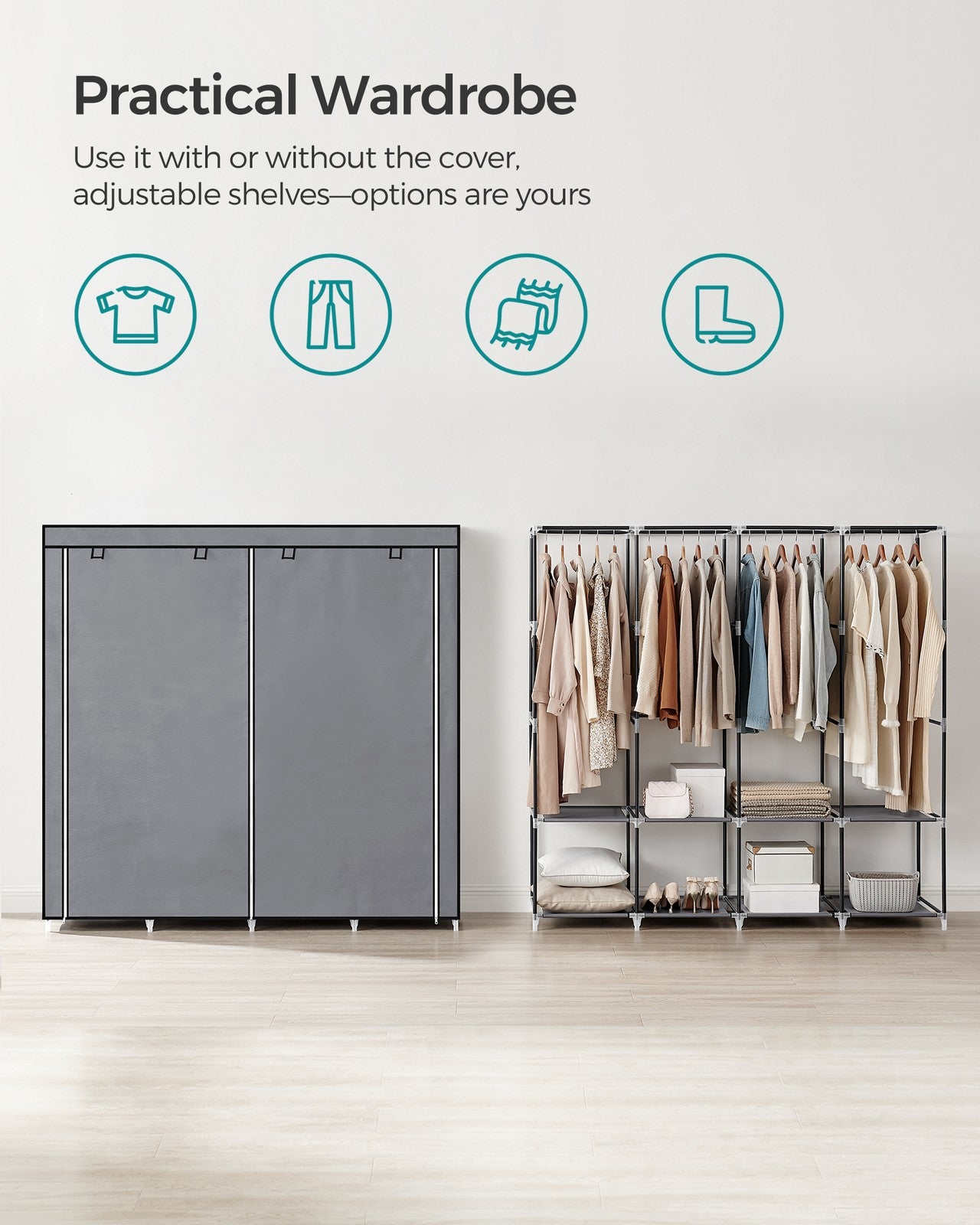 Clothes Wardrobe, Portable Closet, Garment Organiser Rack with 4 Hanging Rails, Shelves, 4 Side Pockets - image 3