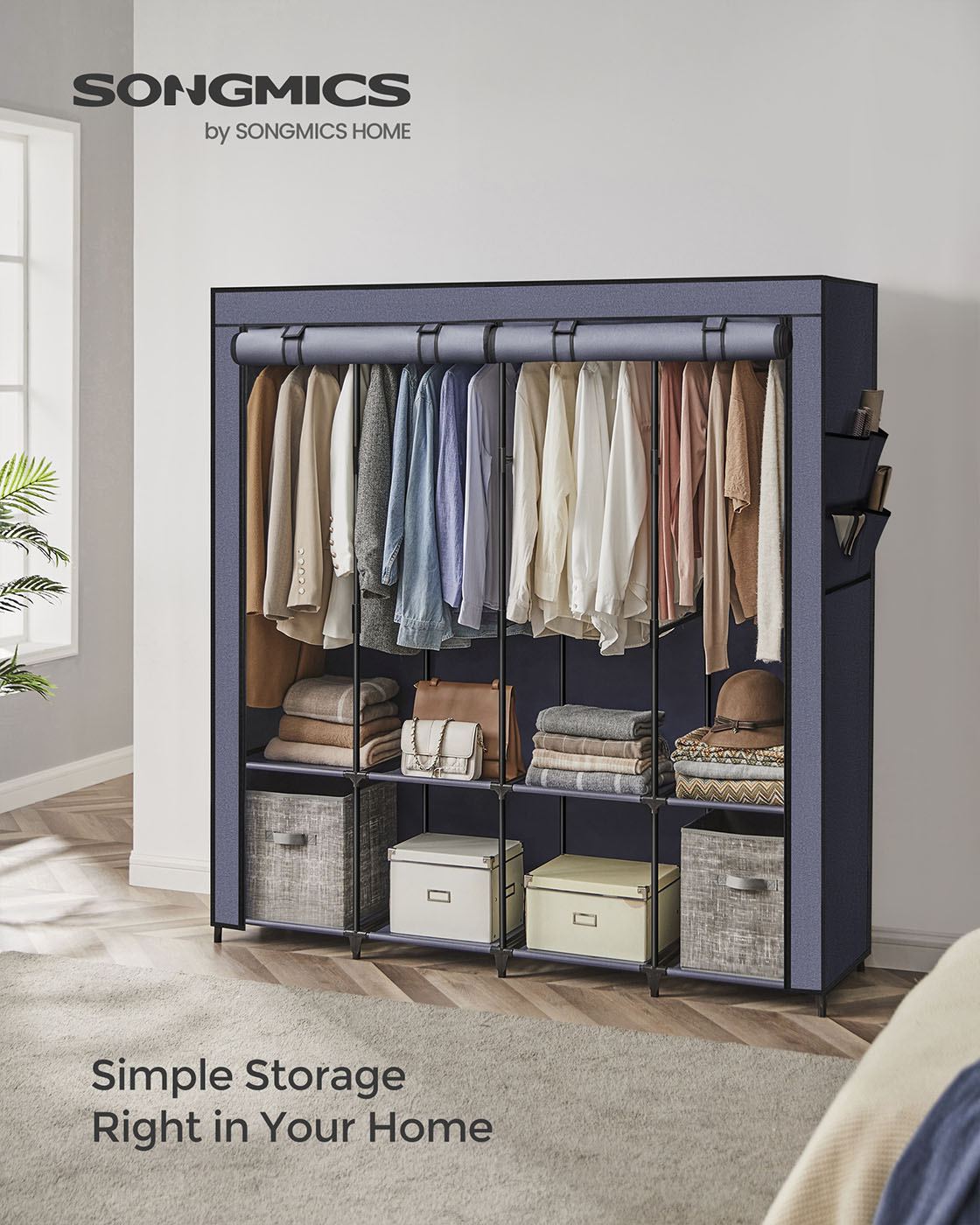 Clothes Wardrobe, Portable Closet, Garment Organiser Rack with 4 Hanging Rails, Shelves, 4 Side Pockets - image 20