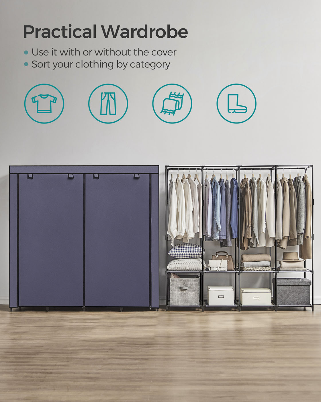 Clothes Wardrobe, Portable Closet, Garment Organiser Rack with 4 Hanging Rails, Shelves, 4 Side Pockets - image 21
