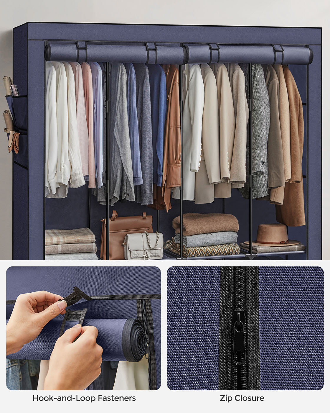 Clothes Wardrobe, Portable Closet, Garment Organiser Rack with 4 Hanging Rails, Shelves, 4 Side Pockets - image 26