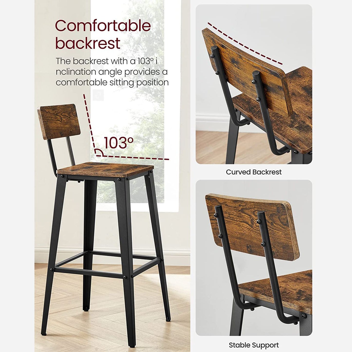 Set of 2 Tall Bar Stools with Back