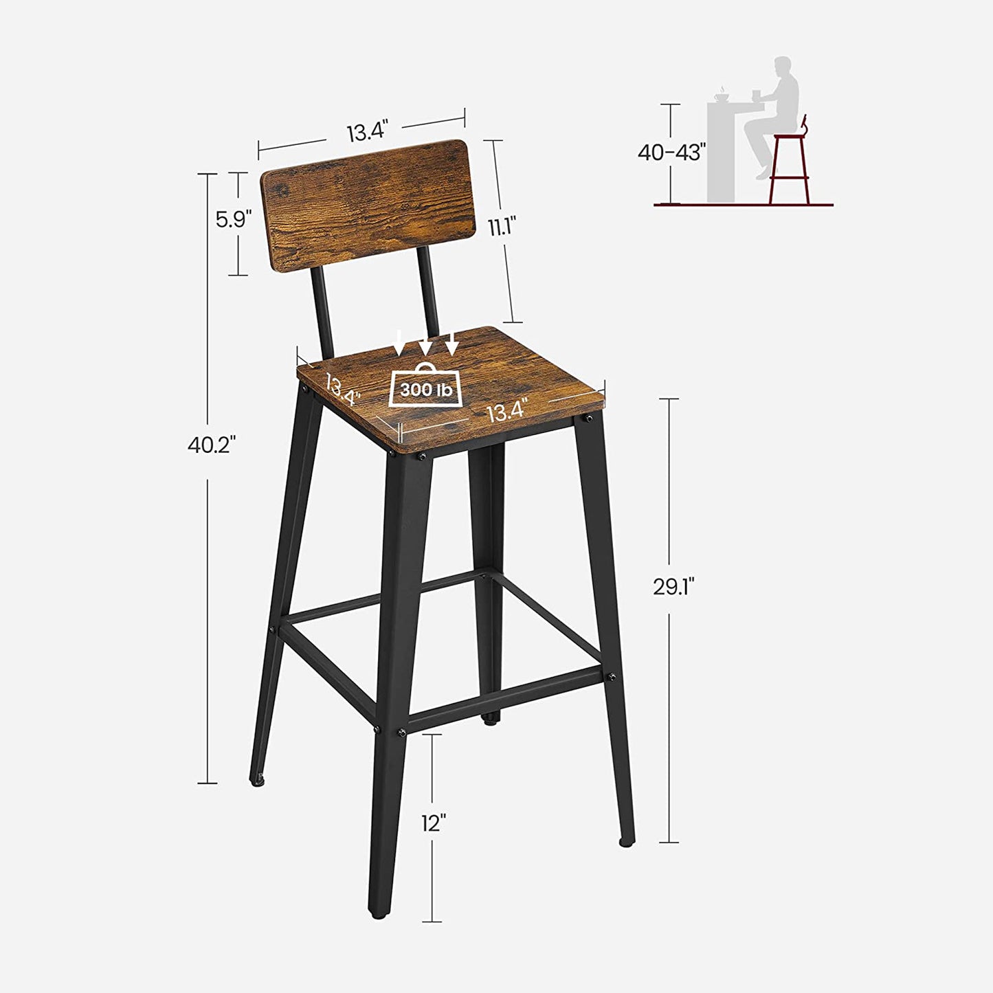 Set of 2 Tall Bar Stools with Back