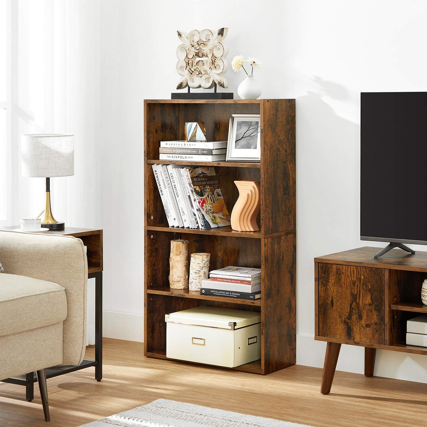 4-Tier Open Bookcase with Adjustable Storage Shelves - HWLEXTRA 