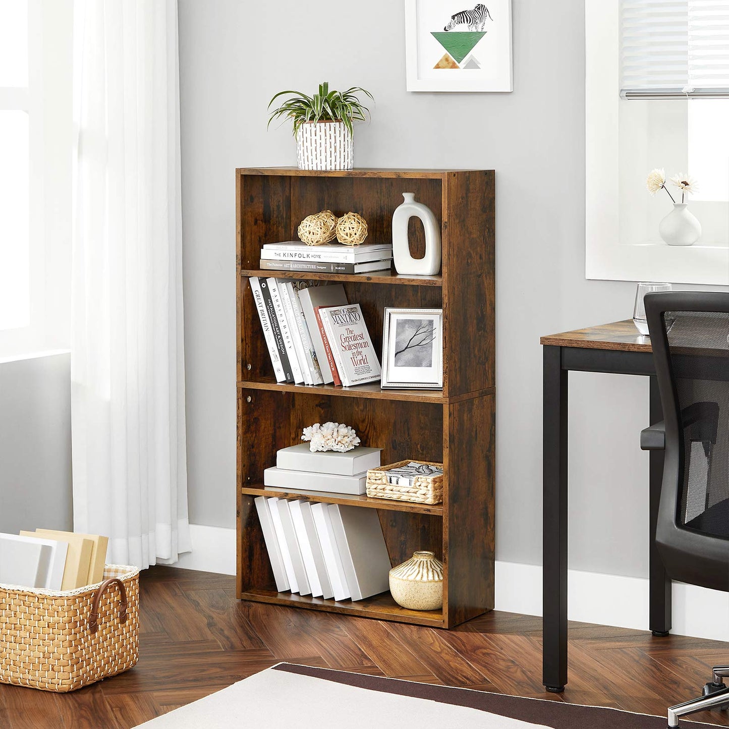 4-Tier Open Bookcase with Adjustable Storage Shelves - HWLEXTRA 