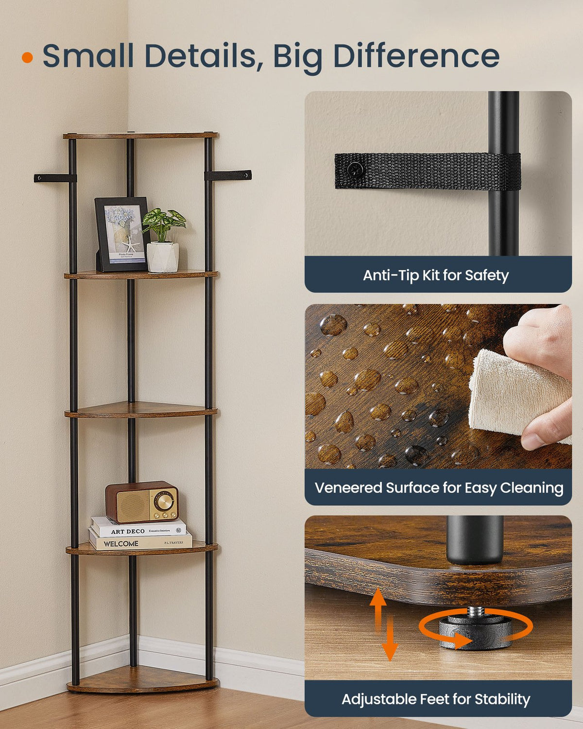 Corner Shelf, Superfast Toolless Assembly, 5-Tier Corner Standing Shelf, Corner Shelf Stand