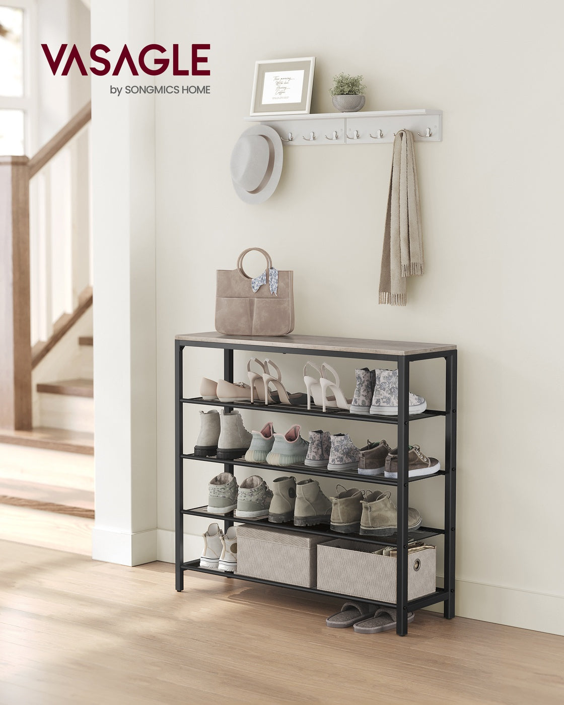 Shoe Rack, Shoe Organizer for Closet with 4 Mesh Shelves and Large Top for Bags