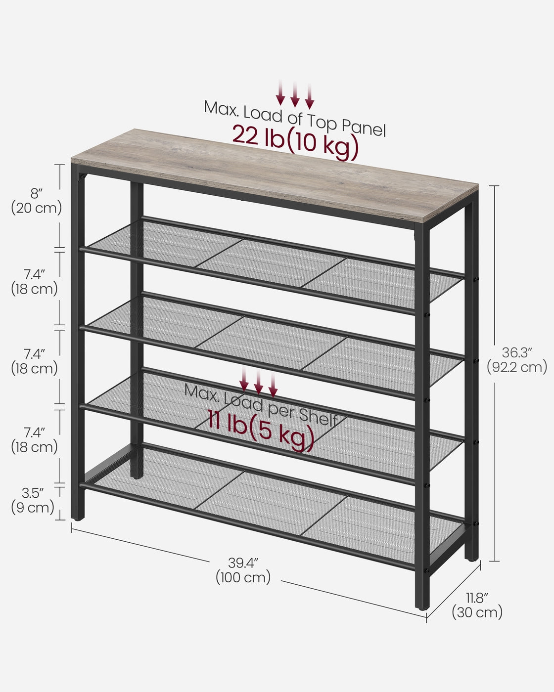 Shoe Rack, Shoe Organizer for Closet with 4 Mesh Shelves and Large Top for Bags