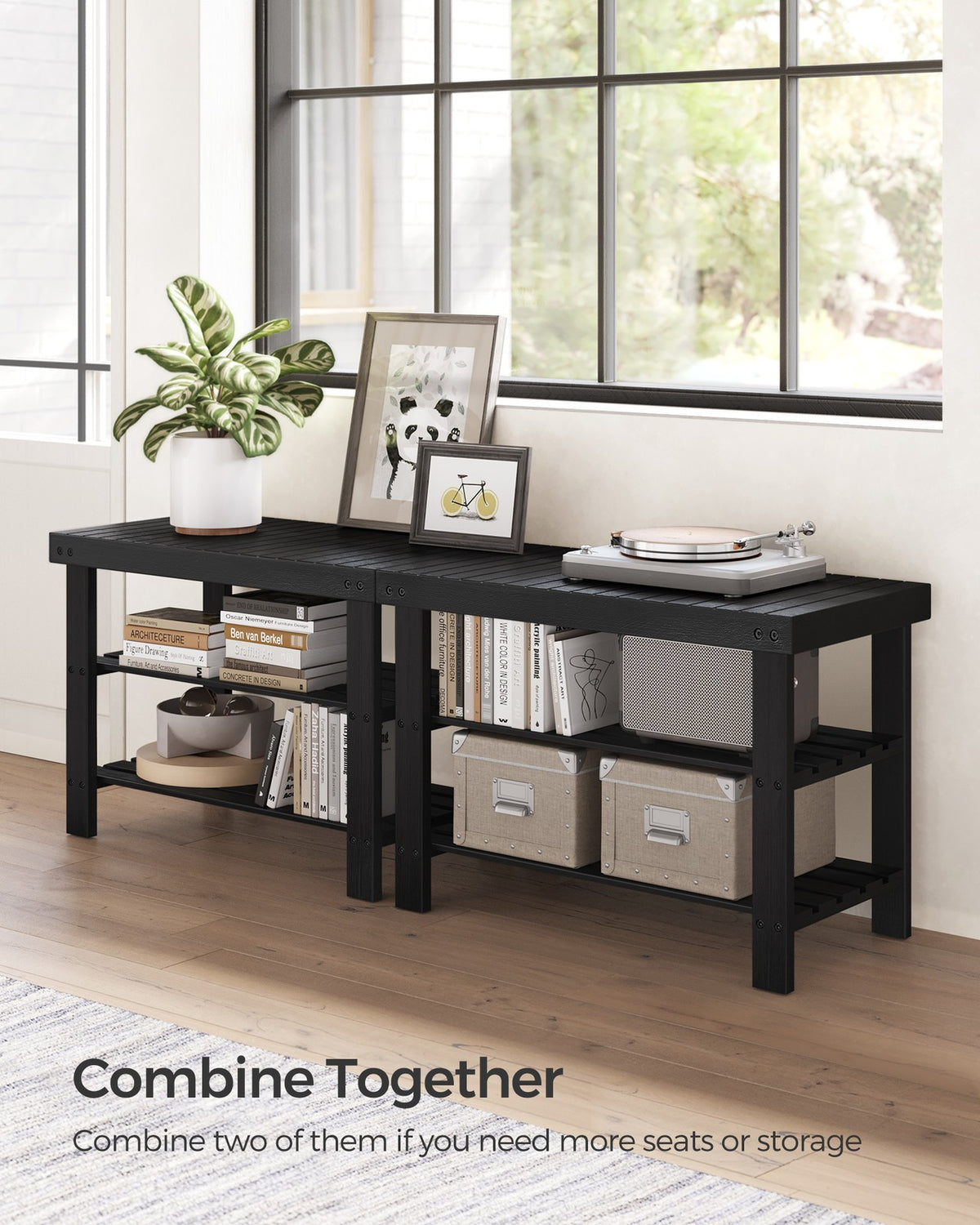 Black Shoe Rack Bench, 3-Tier Bamboo Shoe Organizer, Storage Shelf