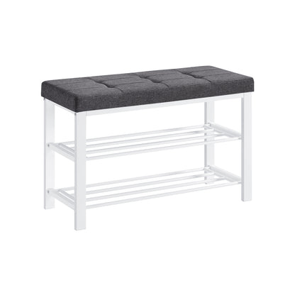 Shoe Bench, 3-Tier Shoe Rack for Entryway, Storage Organizer with Foam Padded Seat, Linen, Metal Frame, for Living Room, Hallway, 31.9 x 12.2 x 19.3 Inches, White and Gray
