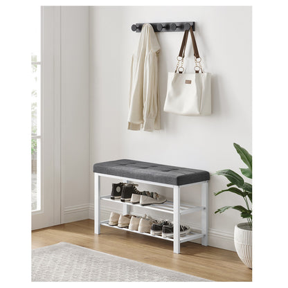 Shoe Bench, 3-Tier Shoe Rack for Entryway, Storage Organizer with Foam Padded Seat, Linen, Metal Frame, for Living Room, Hallway, 31.9 x 12.2 x 19.3 Inches, White and Gray