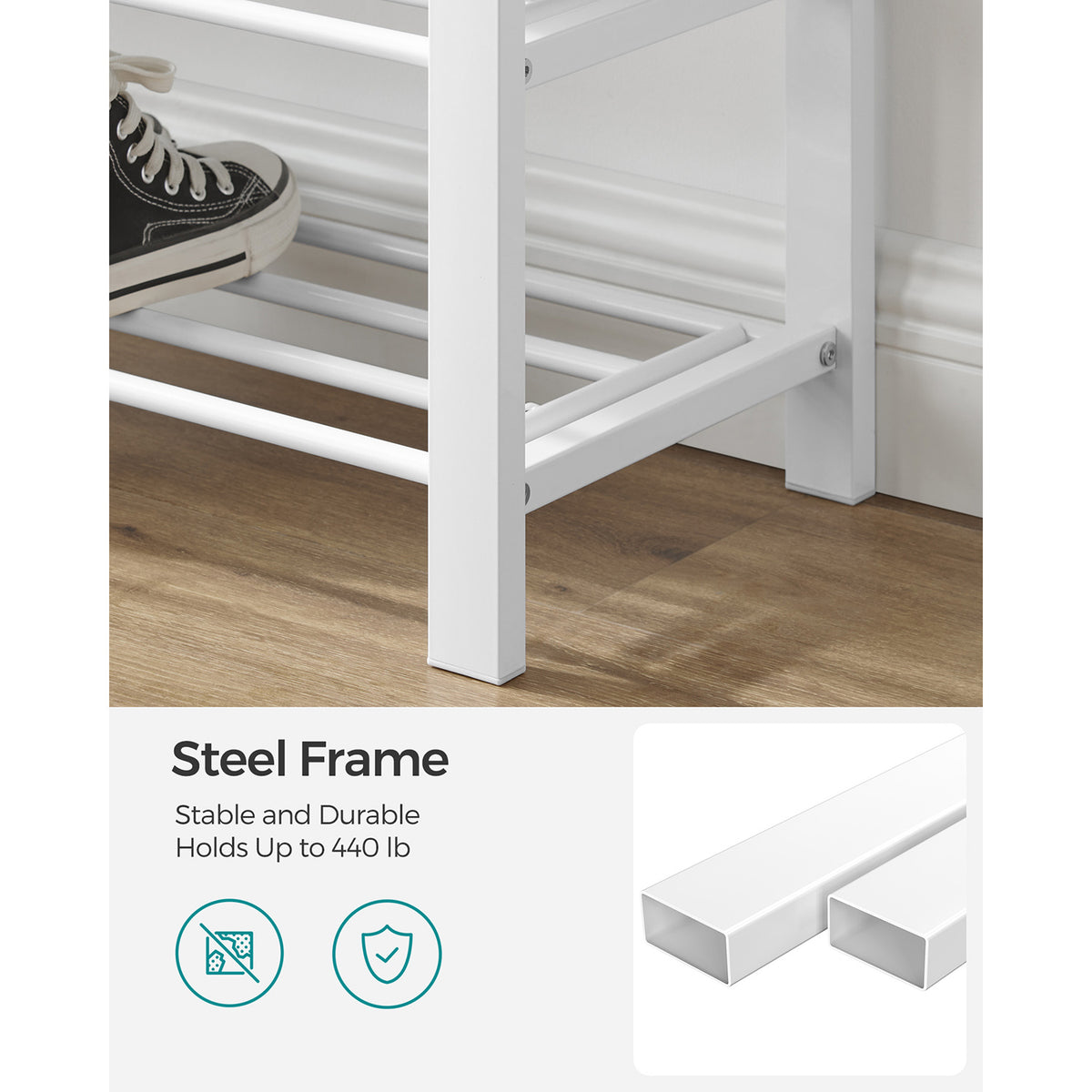 Shoe Bench, 3-Tier Shoe Rack for Entryway, Storage Organizer with Foam Padded Seat, Linen, Metal Frame, for Living Room, Hallway, 31.9 x 12.2 x 19.3 Inches, White and Gray