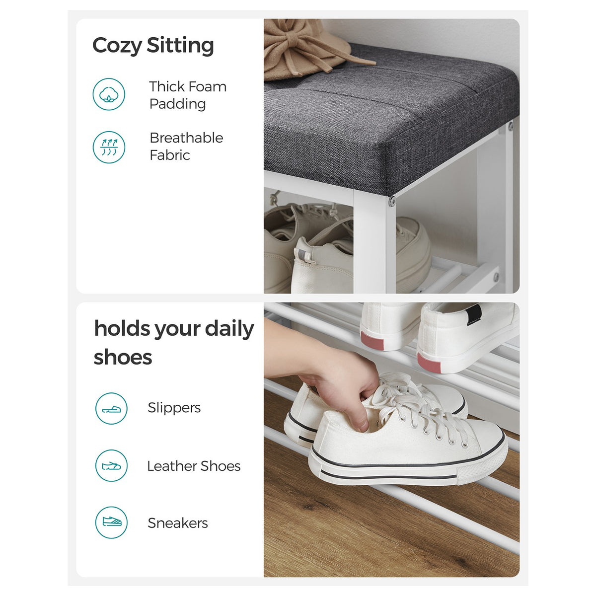 Shoe Bench, 3-Tier Shoe Rack for Entryway, Storage Organizer with Foam Padded Seat, Linen, Metal Frame, for Living Room, Hallway, 31.9 x 12.2 x 19.3 Inches, White and Gray
