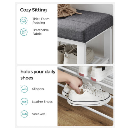 Shoe Bench, 3-Tier Shoe Rack for Entryway, Storage Organizer with Foam Padded Seat, Linen, Metal Frame, for Living Room, Hallway, 31.9 x 12.2 x 19.3 Inches, White and Gray