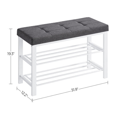 Shoe Bench, 3-Tier Shoe Rack for Entryway, Storage Organizer with Foam Padded Seat, Linen, Metal Frame, for Living Room, Hallway, 31.9 x 12.2 x 19.3 Inches, White and Gray