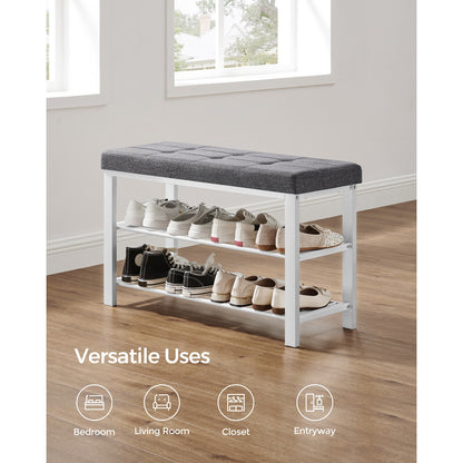 Shoe Bench, 3-Tier Shoe Rack for Entryway, Storage Organizer with Foam Padded Seat, Linen, Metal Frame, for Living Room, Hallway, 31.9 x 12.2 x 19.3 Inches, White and Gray