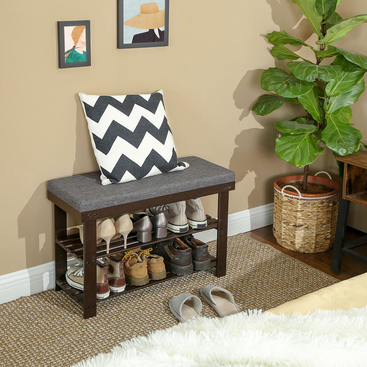 Bamboo Shoe Bench, 2-Tier Shoe Rack, Stable Shoe Organizer for Entryway