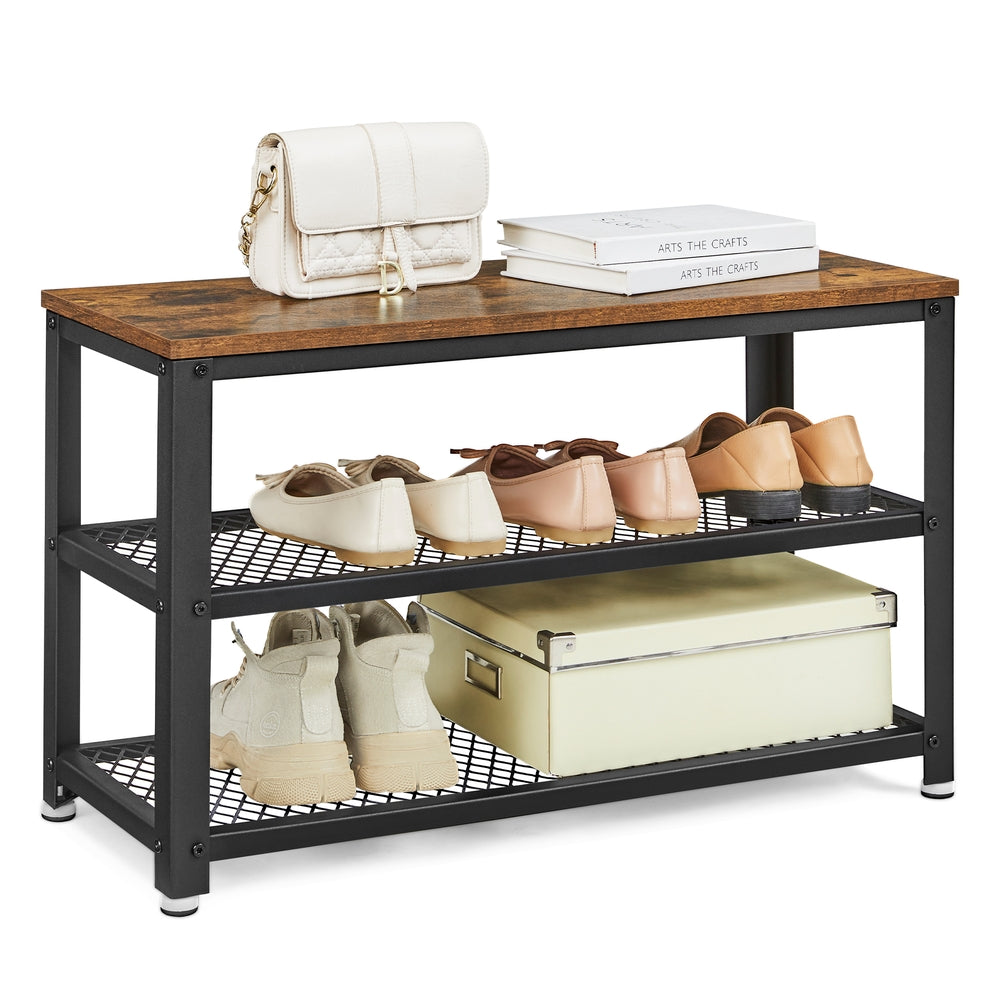 Shelf Storage Bench with Metal Mesh Shelves and Seat - image 1