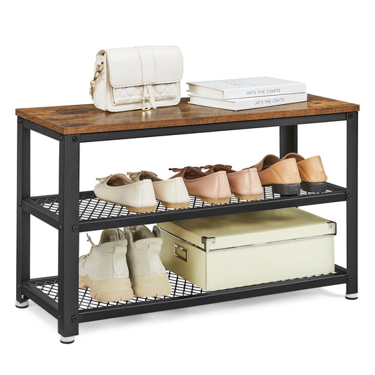 Shelf Storage Bench with Metal Mesh Shelves and Seat - image 1