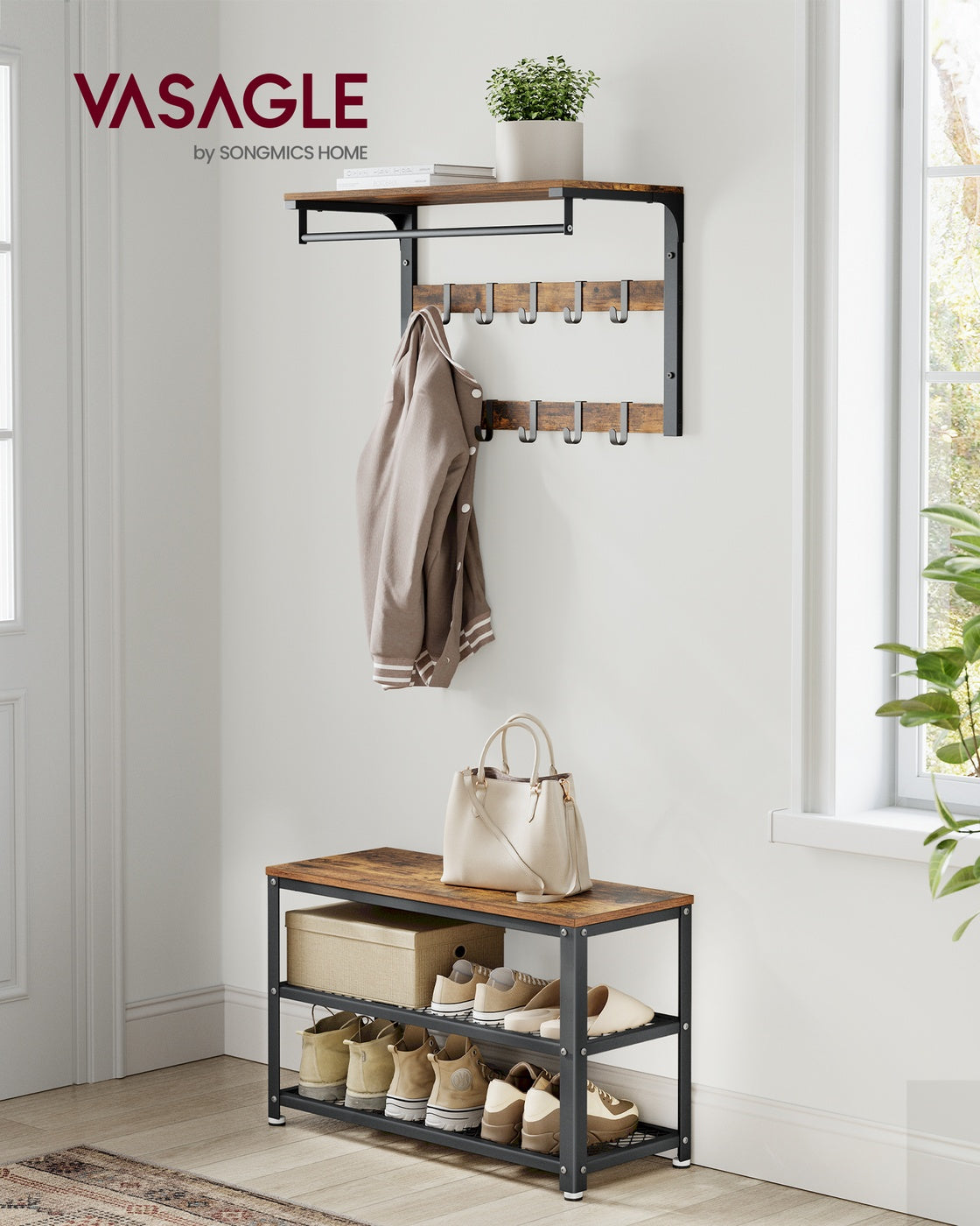Shelf Storage Bench with Metal Mesh Shelves and Seat - image 2