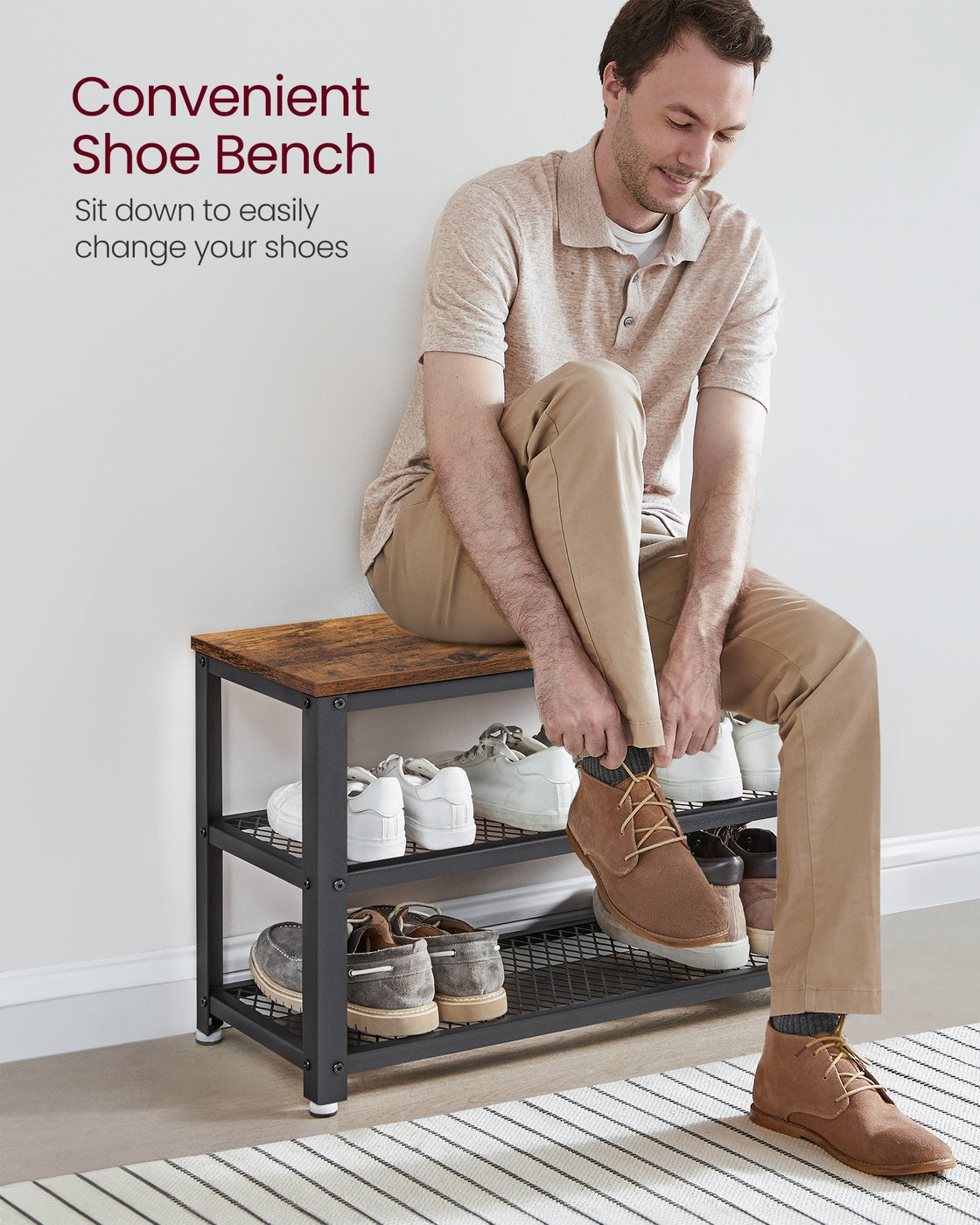 Shelf Storage Bench with Metal Mesh Shelves and Seat - image 3